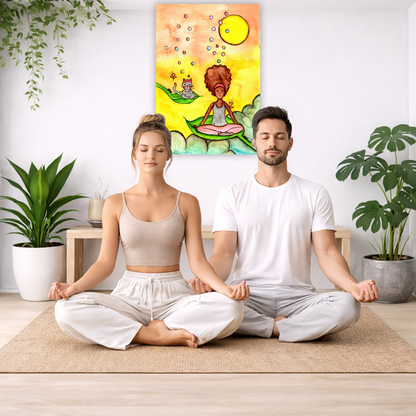 Canvas of a woman and her cat meditating while sitting on leaves.  The canvas is in the center of the living room wall. A couple are sitting on the living room carpet meditating. To the left is a green floor plant and a hanging green plant. To the right of them is a green floor plant.
