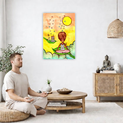 Canvas of a woman and her cat meditating while sitting on leaves.  The canvas is in the center of the living room wall. A man is on a chair on the left side of his living room meditating. On the right side is a cabinet with a Buddha statue on it.
