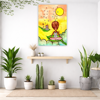 Canvas of a woman and her cat meditating while sitting on leaves. The background is bright yellow.  The canvas is in the center of the living room wall. Below the poster is an empty bench. Below the bench is a variety of green potted plants including a few cactus.
