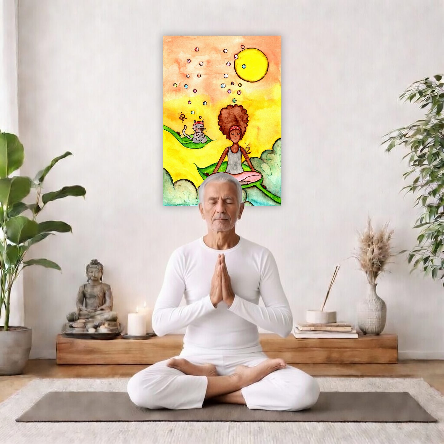 Canvas of a woman and her cat meditating while sitting on leaves. The canvas is in the center of the living room wall. There is a man meditating facing away from the wall. Behind him is a coffee table with incense and a Buddha statue. There are potted plants on the right and left side of the background.
