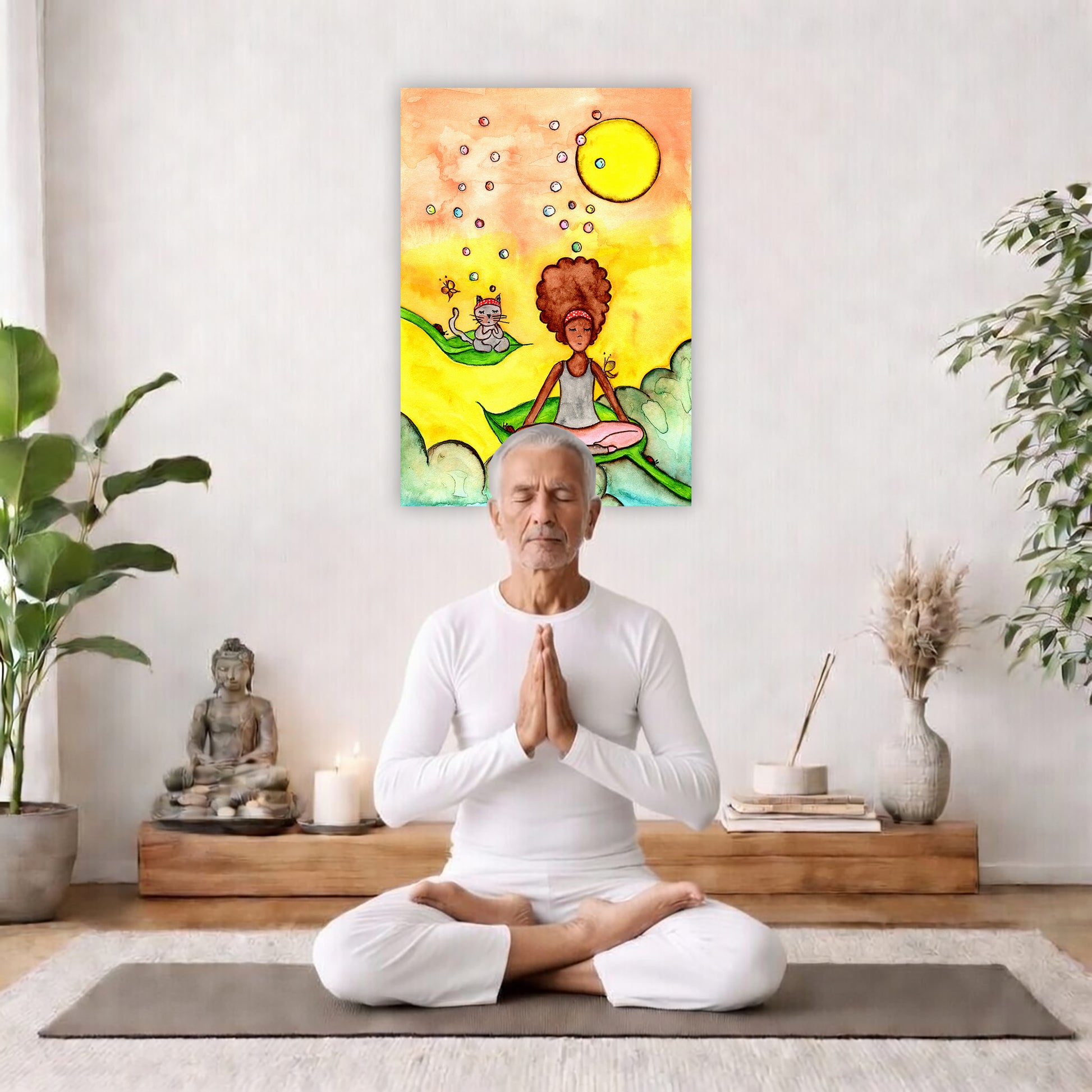 Canvas of a woman and her cat meditating while sitting on leaves. The canvas is in the center of the living room wall. There is a man meditating facing away from the wall. Behind him is a coffee table with incense and a Buddha statue. There are potted plants on the right and left side of the background.
