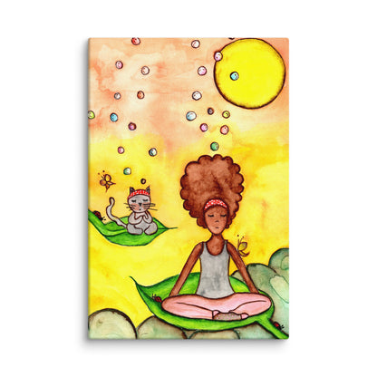 Canvas of a woman and her cat meditating while sitting on leaves. The background is bright yellow.  This is a print of the original hand-painted watercolor by Brazilian artist Thaís Suizo for the LET'S MEDITATE SERIES of mediation guides. 