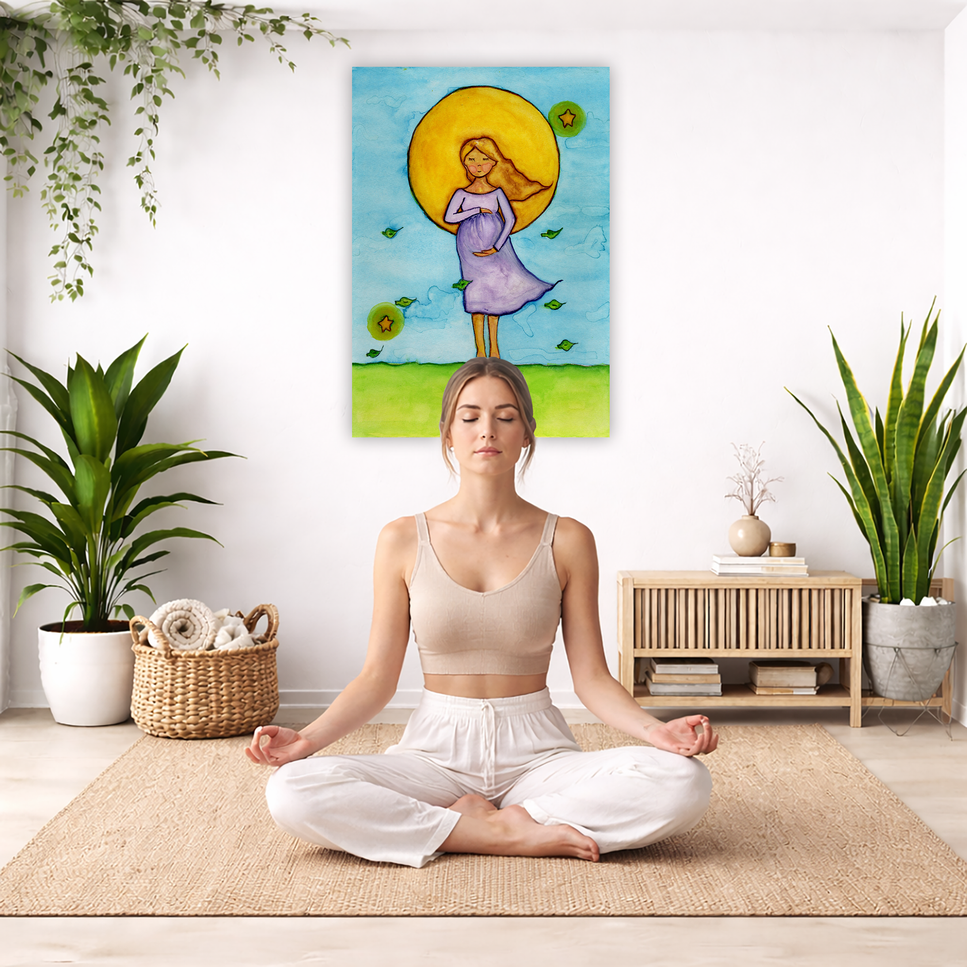 A woman standing in meditation under a bright yellow sun with a blue sky background, canvas watercolor print.  The canvas is in the center of the living room wall. There is a woman meditating facing away from the wall. Behind her is a coffee table with incense and a Buddha statue. There are potted plants on the right and left side of the background.
