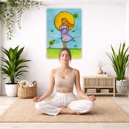 A woman standing in meditation under a bright yellow sun with a blue sky background, canvas watercolor print.  The canvas is in the center of the living room wall. There is a woman meditating facing away from the wall. Behind her is a coffee table with incense and a Buddha statue. There are potted plants on the right and left side of the background.
