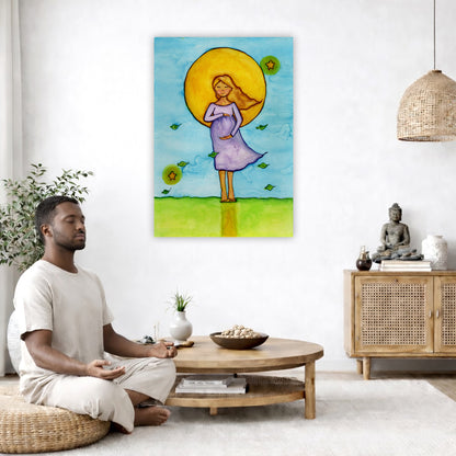 A woman standing in meditation under a bright yellow sun with a blue sky background, canvas watercolor print. The canvas is in the center of the living room wall. A man is on a chair on the left side of his living room meditating. On the right side is a cabinet with a Buddha statue on it.

