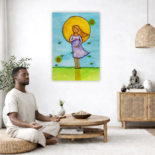 A woman standing in meditation under a bright yellow sun with a blue sky background, canvas watercolor print. The canvas is in the center of the living room wall. A man is on a chair on the left side of his living room meditating. On the right side is a cabinet with a Buddha statue on it.
