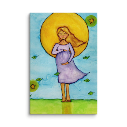 A woman standing in meditation under a bright yellow sun with a blue sky background, canvas watercolor print.  This is a print of the original hand-painted watercolor by Brazilian artist Thaís Suizo for the LET'S MEDITATE SERIES of mediation guides.