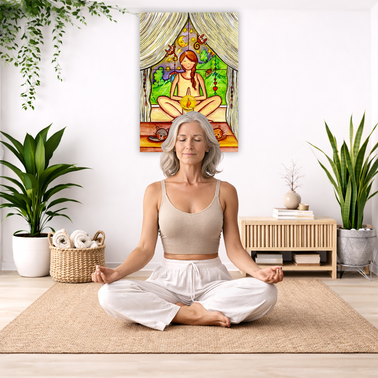 A woman candlelight trataka meditation design on mindfulness canvas. The canvas is in the center of the living room wall. There is a woman meditating facing away from the wall. Behind her is a coffee table with incense and a Buddha statue. There are potted plants on the right and left side of the background.
