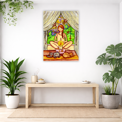 A woman candlelight trataka meditation design on mindfulness canvas. The canvas is in the center of the living room wall. Below the poster is an empty bench. Below the bench is a variety of green potted plants including a few cactus.
