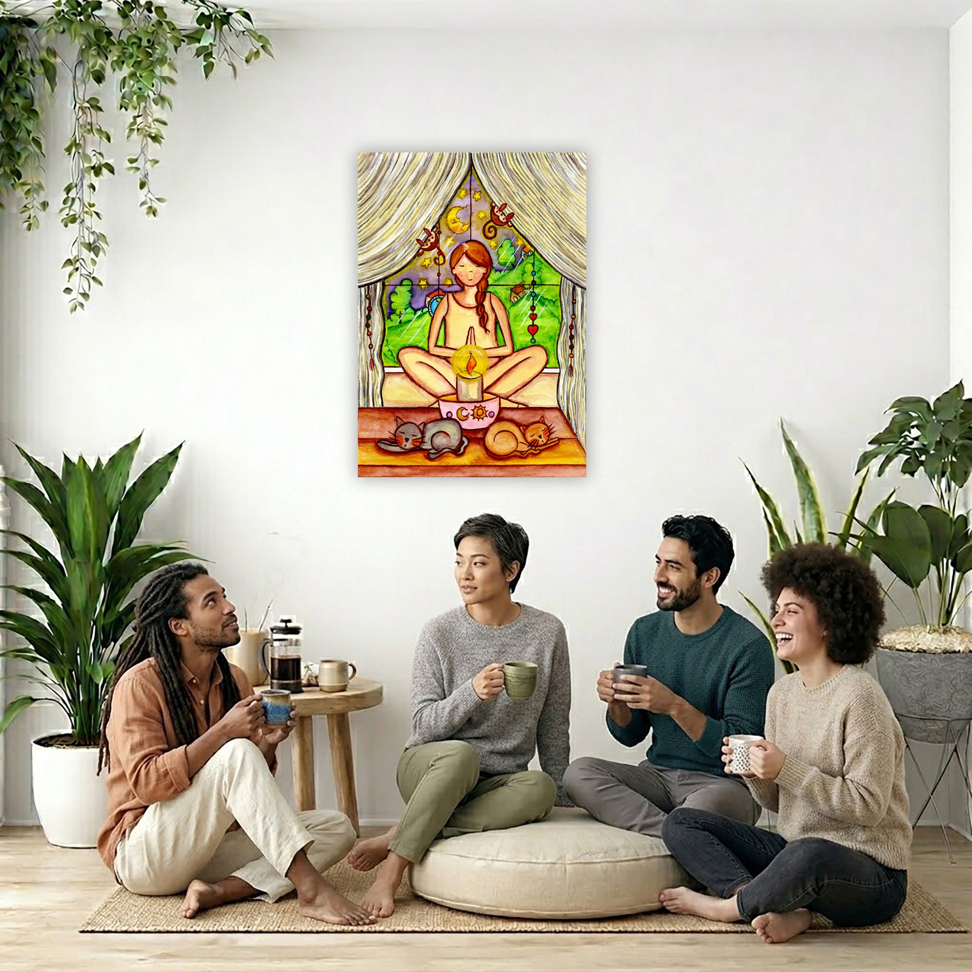 A woman candlelight trataka meditation design on mindfulness canvas. The canvas is in the center of the living room wall. Four friends are sitting on the living room carpet below the poster. They are drinking coffee. To the left is a green floor plant and a hanging green plant. To the right of them is a green floor plant.
