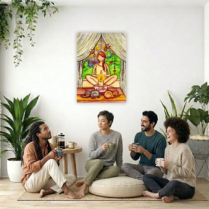 A woman candlelight trataka meditation design on mindfulness canvas. The canvas is in the center of the living room wall. Four friends are sitting on the living room carpet below the poster. They are drinking coffee. To the left is a green floor plant and a hanging green plant. To the right of them is a green floor plant.
