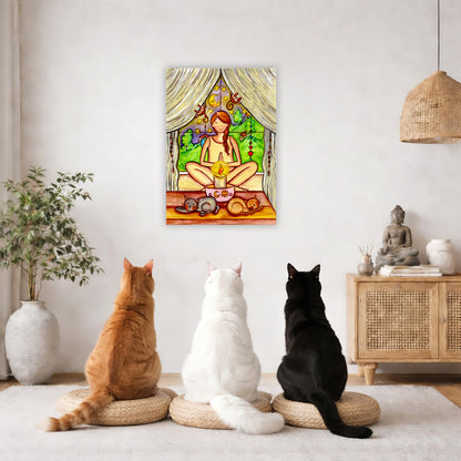 A woman candlelight trataka meditation design on mindfulness canvas. The poster framed is hanging on the wall. Three cats are staring up at the poster, orange, white and black. There is a potted plant on the left side and a cabinet with a Buddha statue, books and incense on the right side.
