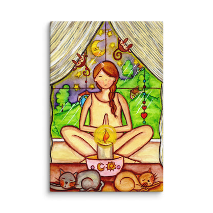 A woman candlelight trataka meditation design on mindfulness canvas.  This is a print of the original hand-painted watercolor by Brazilian artist Thaís Suizo for the LET'S MEDITATE SERIES of mediation guides.