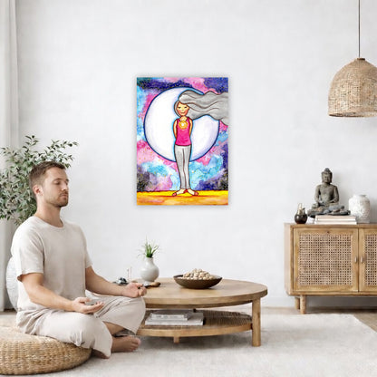 Poster of a woman's heart chakra glowing with love energy.  The poster is in the center of the living room wall. A man is on a chair on the left side of his living room meditating. On the right side is a cabinet with a Buddha statue on it.
