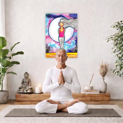 Poster of a woman's heart chakra glowing with love energy.  The poster is in the center of the living room wall. There is a man meditating facing away from the wall. Behind him is a coffee table with incense and a Buddha statue. There are potted plants on the right and left side of the background.
