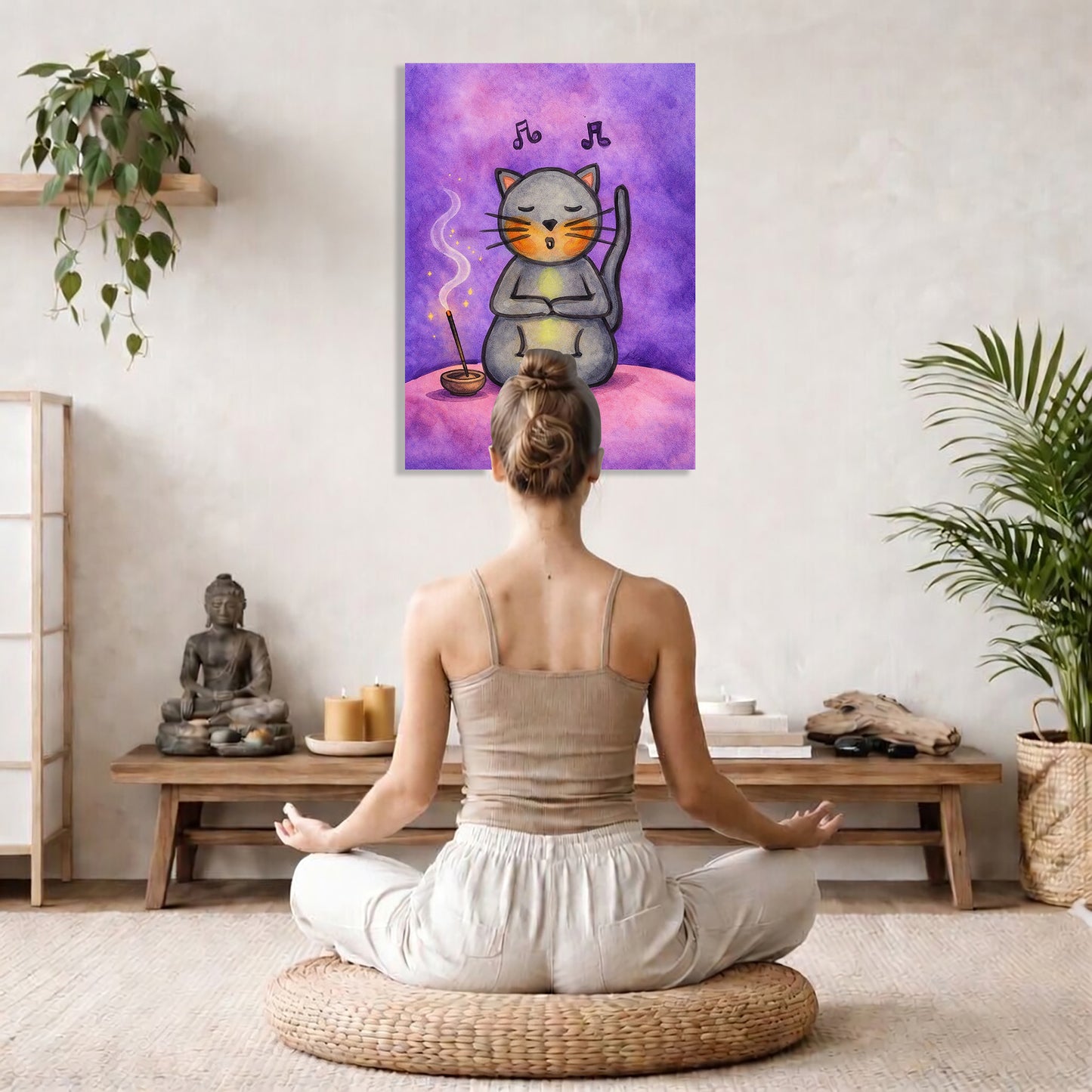 Person meditating in a room with a painting of a cat playing the drums on the wall.