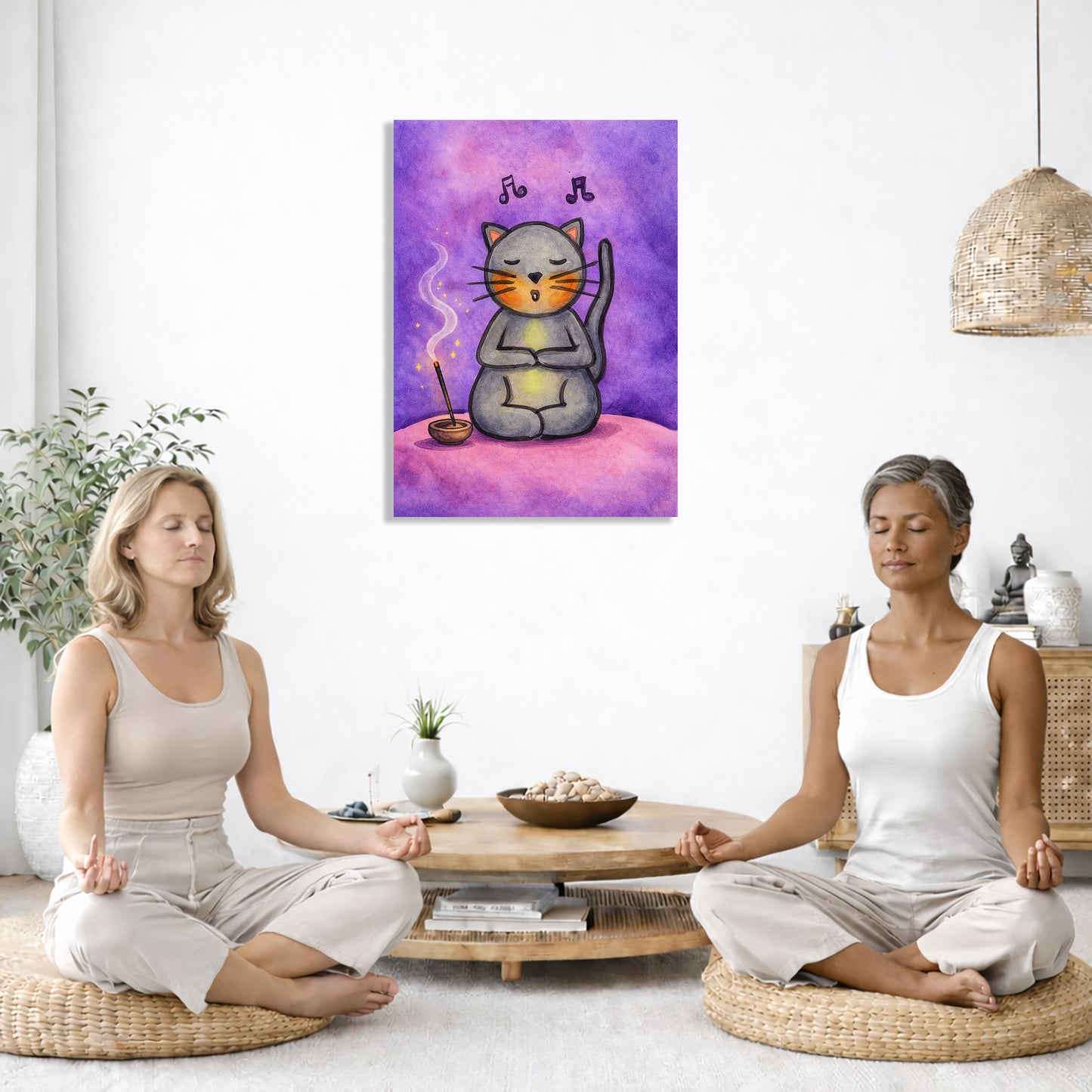 Two women meditating in a room with a painting of a cat on a purple background.
