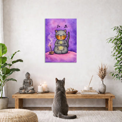 Cat painting on a wall above a wooden bench with a cat sitting on it, surrounded by plants and decor.