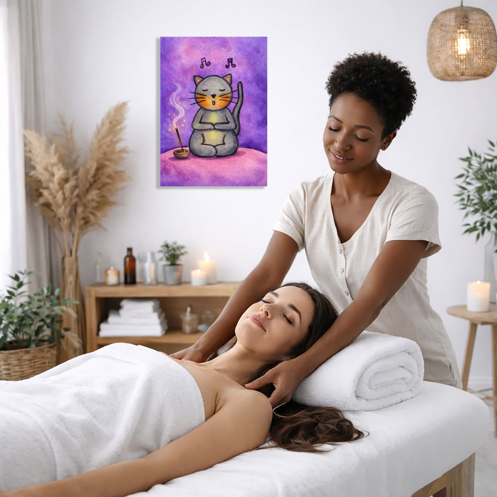 Woman receiving a massage from another woman in a spa setting with a painting of a cat on the wall.