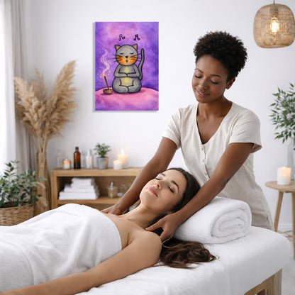 Woman receiving a massage from another woman in a spa setting with a painting of a cat on the wall.