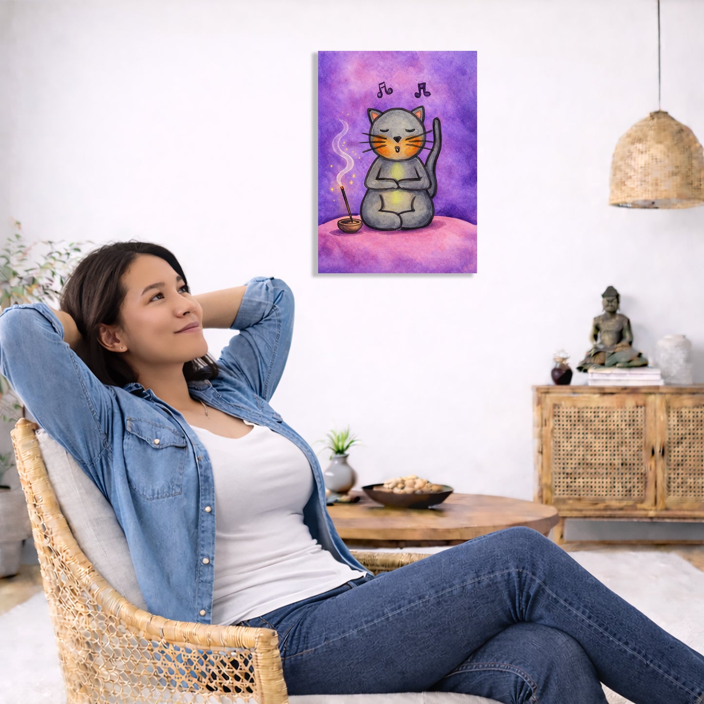 Woman relaxing in a living room with a framed artwork of a meditating cat on the wall.
