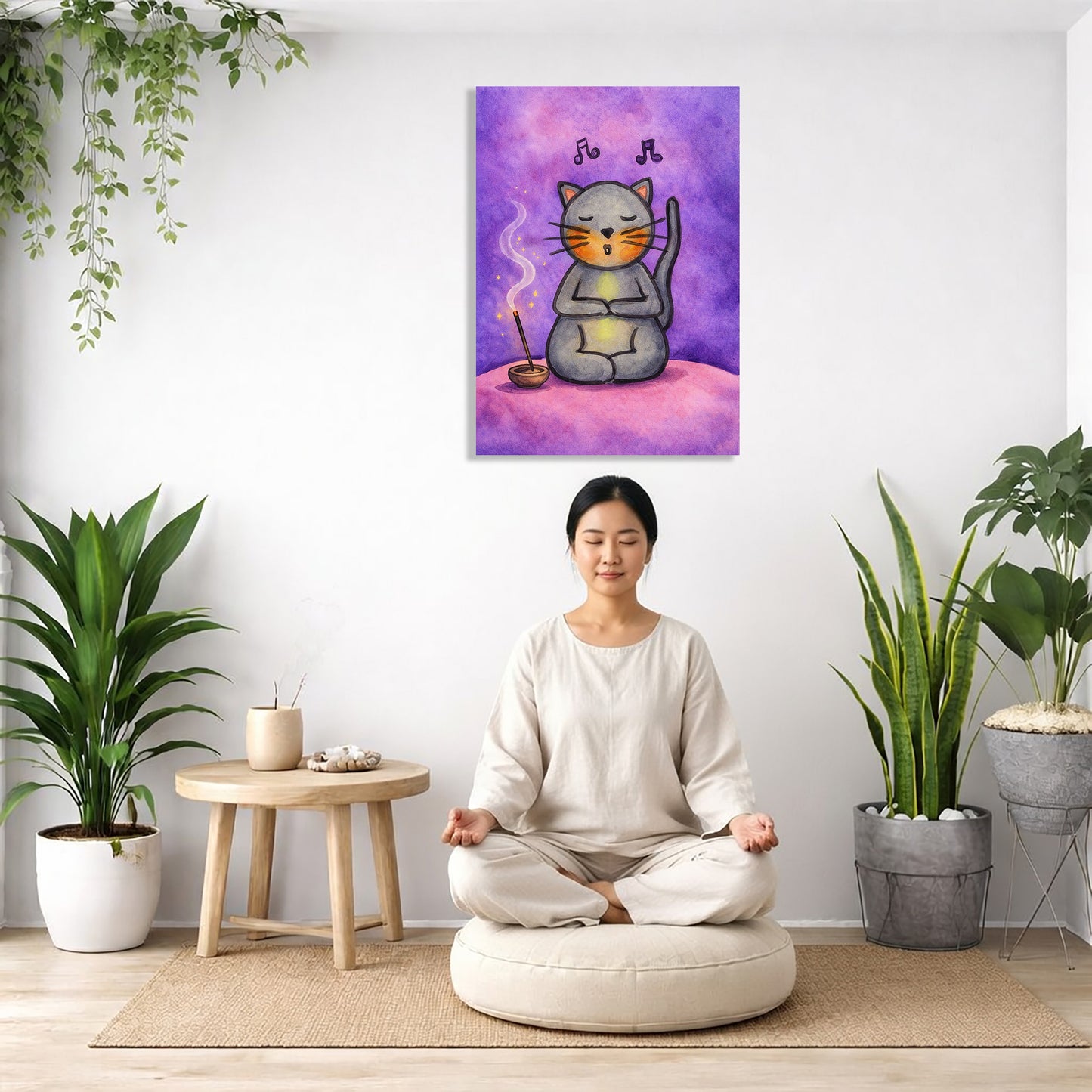 Woman meditating in a room with plants and a painting of a cat playing the drums on the wall.