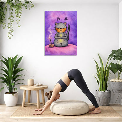 Person practicing yoga in a room with plants and a wall painting of a cat meditating.