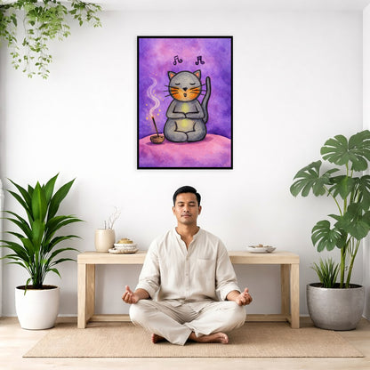 A gray cat chanting on a pink cloud framed poster. This is a print of the original hand-painted watercolor by Brazilian artist Thaís Suizo.  The poster is in the center of the living room wall. There is a man meditating facing away from the wall. Behind him is a coffee table with incense and a Buddha statue. There are potted plants on the right and left side of the background.
