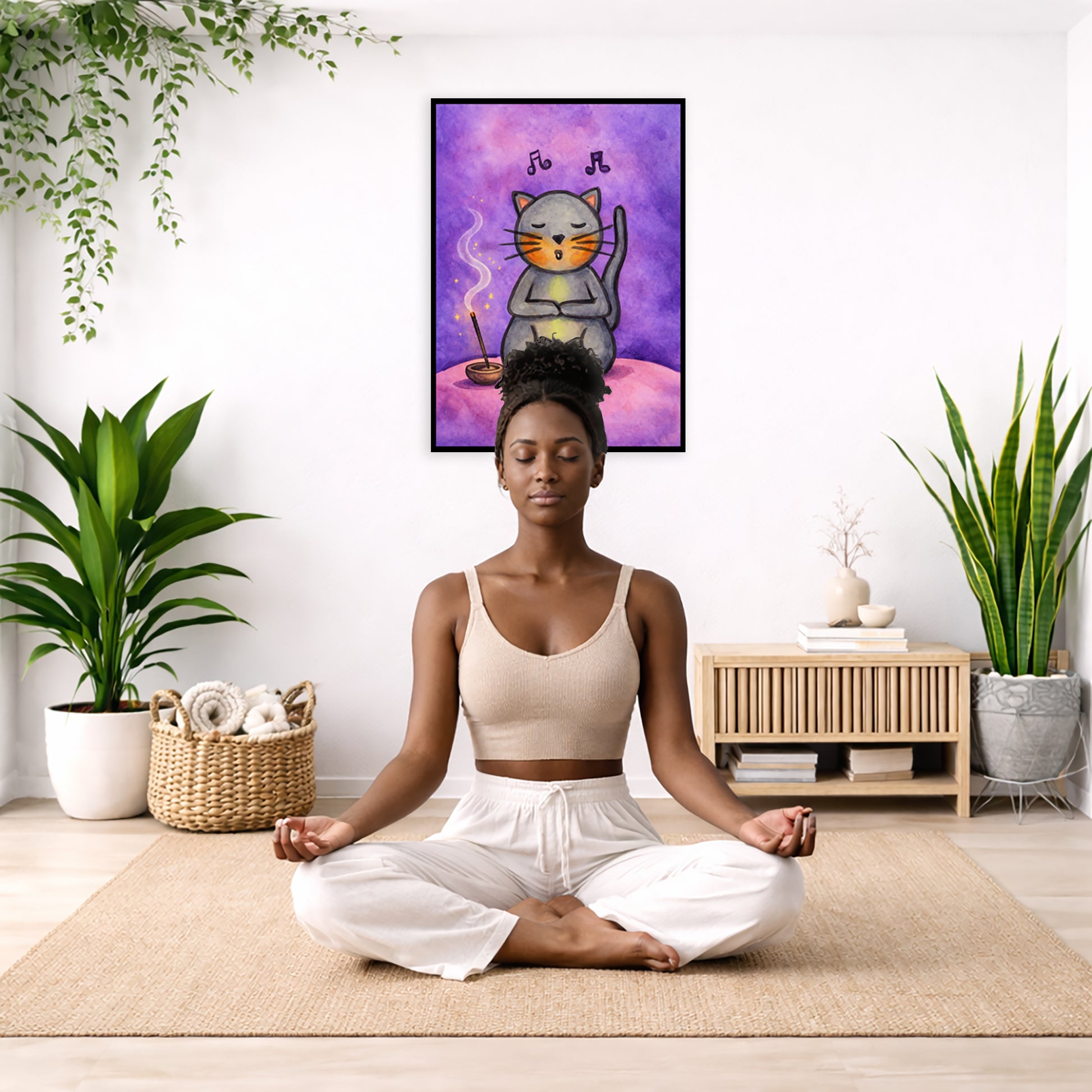 A gray cat chanting on a pink cloud framed poster. This is a print of the original hand-painted watercolor by Brazilian artist Thaís Suizo. The poster is in the center of the living room wall. There is a woman meditating facing away from the wall. Behind her is a coffee table with incense and a Buddha statue. There are potted plants on the right and left side of the background.
