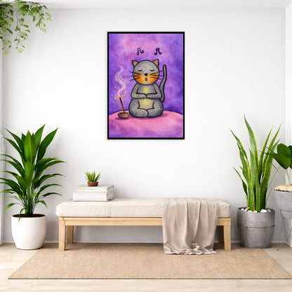 A gray cat chanting on a pink cloud framed poster. This is a print of the original hand-painted watercolor by Brazilian artist Thaís Suizo. The poster is in the center of the living room wall. Below the poster is a padded bench. On the bench is a pile of books and a small green potted plant. There is a silk sheet draped over the bench. There is a green hanging plant and floor plant on the left. There are two floor plants on the right.
