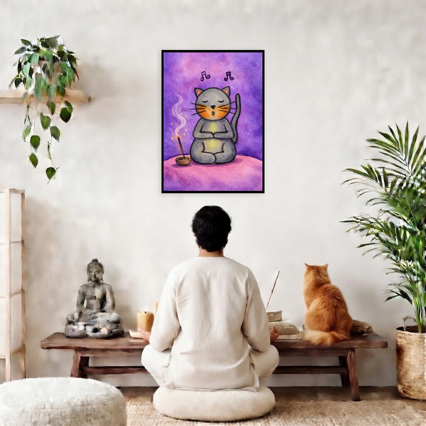 A gray cat chanting on a pink cloud framed poster. This is a print of the original hand-painted watercolor by Brazilian artist Thaís Suizo.  The poster is in the center of the living room wall. A man is meditating facing the poster. In front of him is a coffee table with a Buddha statue and burning candle on the left and incense and an orange cat staring at the poster on the right. There is a green potted plant on both the left and right side of the coffee table.