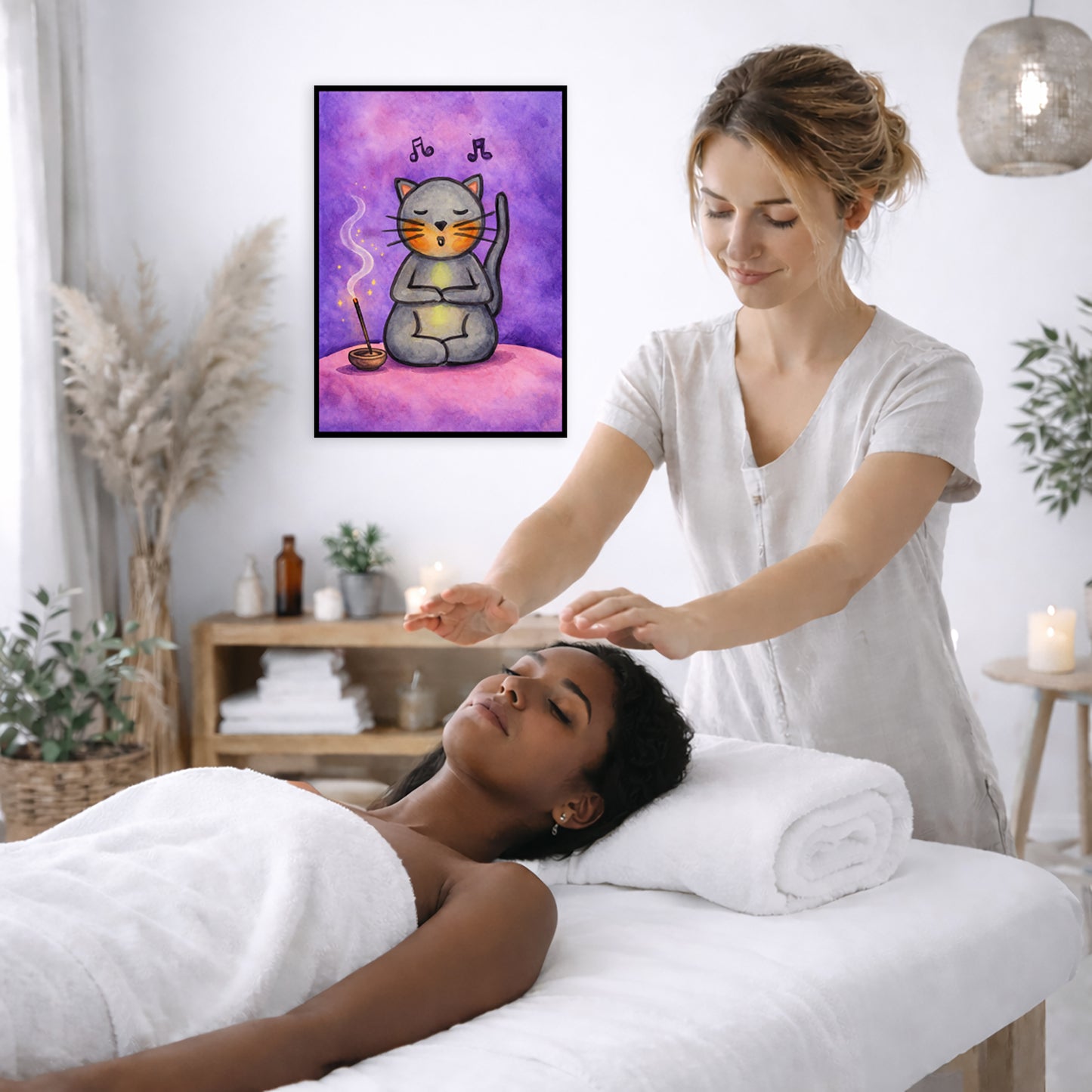 A gray cat chanting on a pink cloud framed poster. This is a print of the original hand-painted watercolor by Brazilian artist Thaís Suizo. The poster is on the wall of the office of a reiki master. The master is giving her client a massage. The client is lying face up on a massage table wearing a white towel. To the left is a window, floor plant and vase of dry flora. There is a shelf underneath the poster with candles burning. On the right side there is a candle burning and a hanging lamp.
