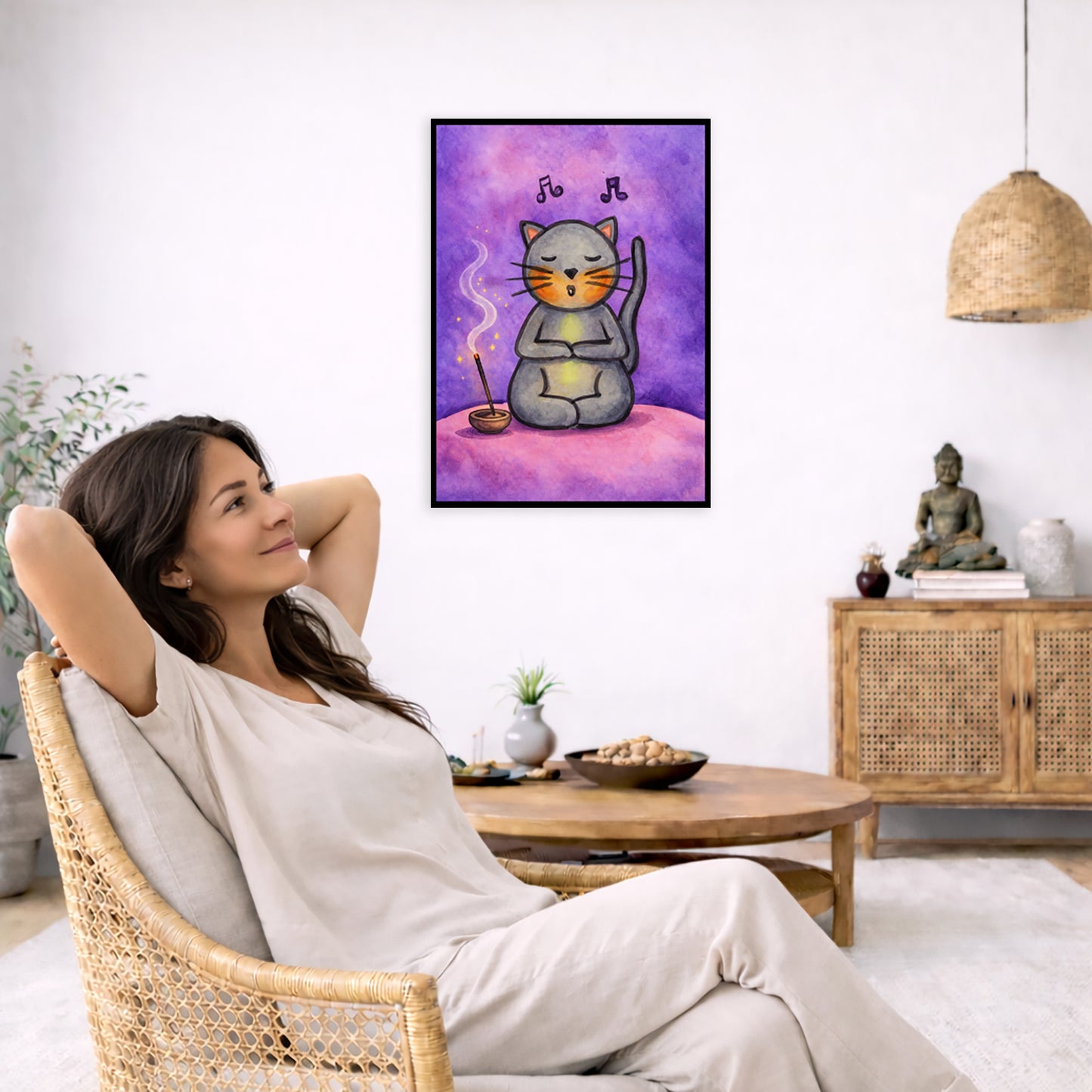 A gray cat chanting on a pink cloud framed poster. This is a print of the original hand-painted watercolor by Brazilian artist Thaís Suizo. The poster is in the center of the living room wall. To the left a woman is relaxing in her chair with her hands behind her head. There is a small coffee table beside her with a bowl of walnuts, incense and a small green plant. On the right side of the room is a cabinet with a Buddha statue, books and an urn on it. To the left is a green floor plant.

