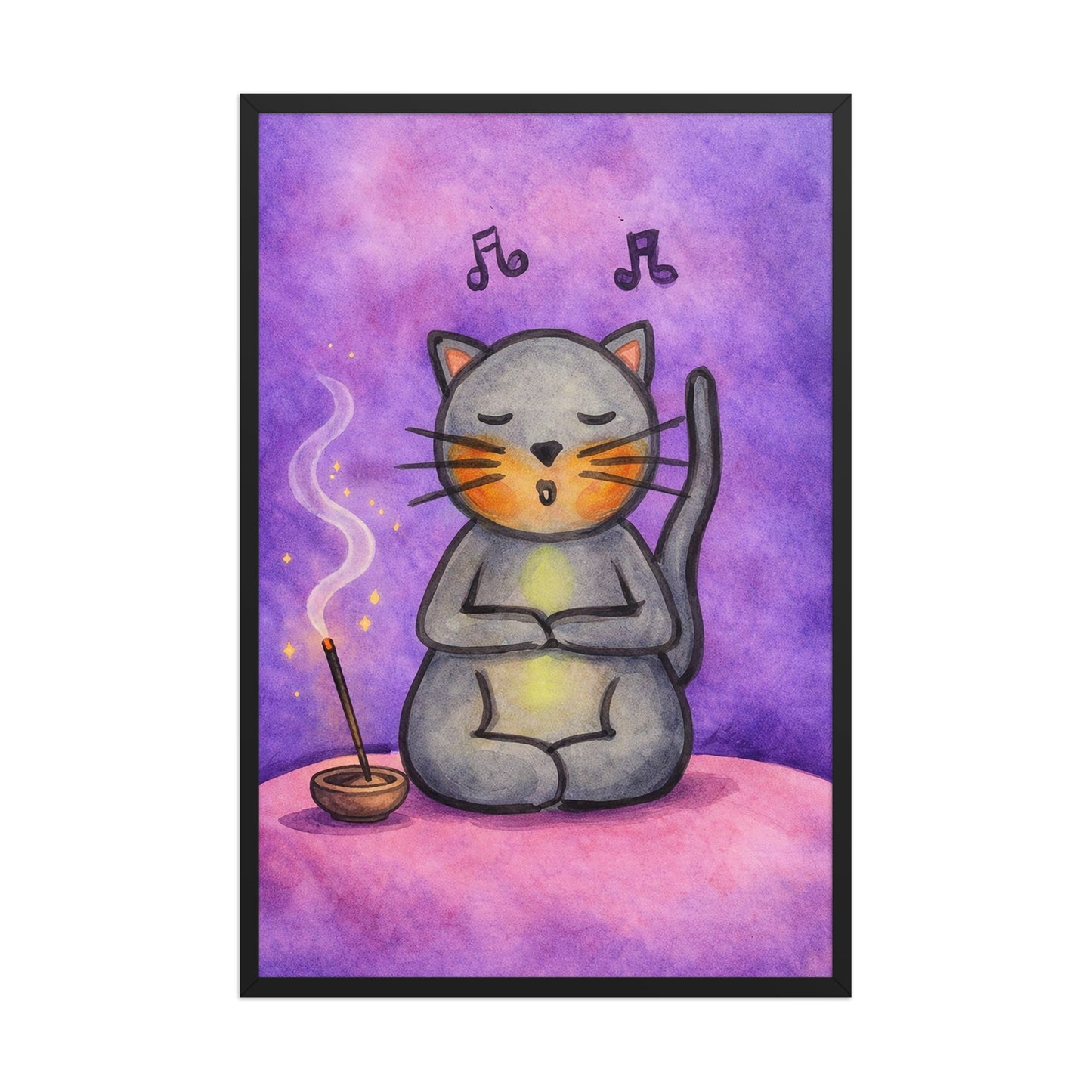 A gray cat chanting on a pink cloud framed poster. This is a print of the original hand-painted watercolor by Brazilian artist Thaís Suizo. 