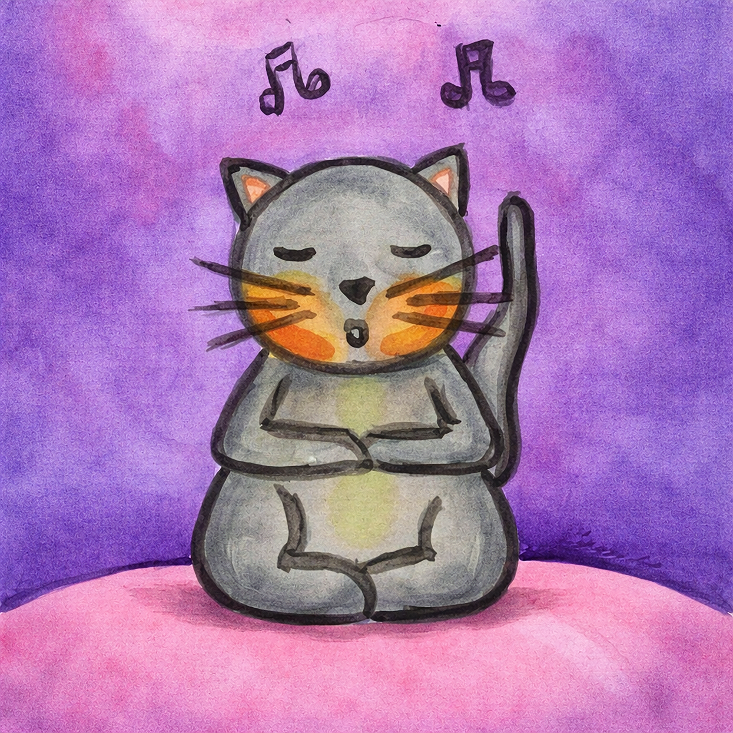 Thumbnail of a gray cat chanting while sitting on a pink cloud. Whimsical spiritual meditation illustration. This is a print of the original watercolor created by Brazilian artist Thaís Suizo for the LET'S MEDITATE series of meditation guides. 
