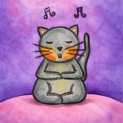 Thumbnail of a gray cat chanting while sitting on a pink cloud. Whimsical spiritual meditation illustration. This is a print of the original watercolor created by Brazilian artist Thaís Suizo for the LET'S MEDITATE series of meditation guides. 
