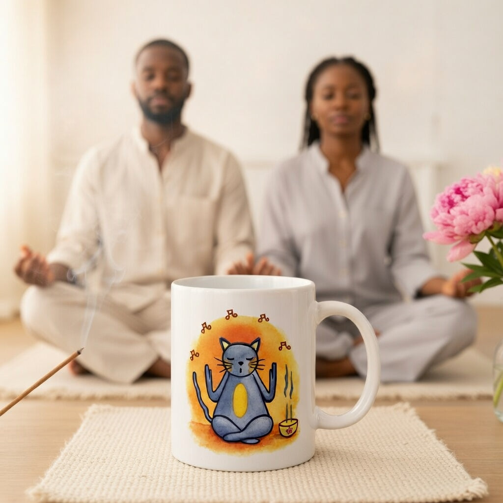 Gray cat chanting peacefully with music playing and incense smoke rising on an orange background in a calm setting coffee mug.  A large mug is at the bottom front displaying the design. There is a couple meditating in the background.
