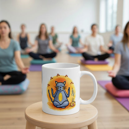 Gray cat chanting peacefully with music playing and incense smoke rising on an orange background in a calm setting coffee mug.  The mug is at the front of a meditation seminar with several people meditating in the background.