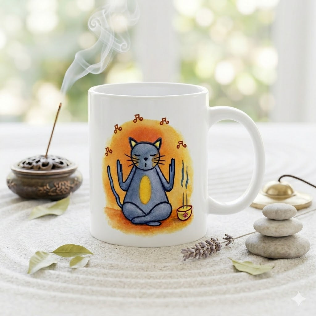 Gray cat chanting peacefully with music playing and incense smoke rising on an orange background in a calm setting coffee mug.  The mug is in a beautifully raked zen garden with bushes and plants behind it.