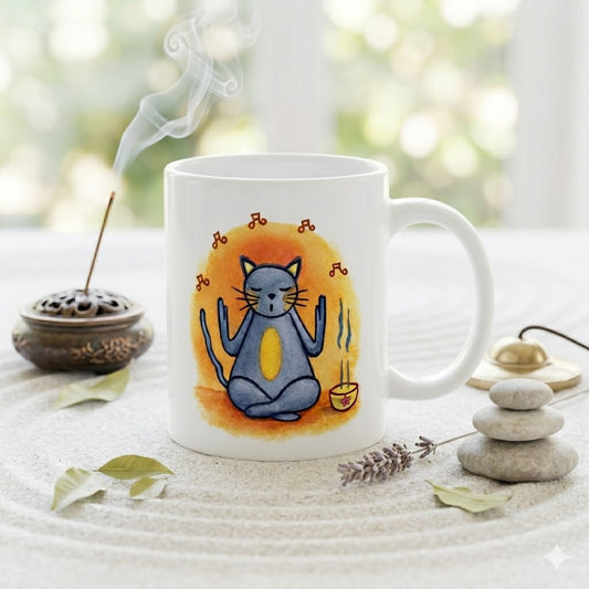 Gray cat chanting peacefully with music playing and incense smoke rising on an orange background in a calm setting coffee mug.  The mug is in a beautifully raked zen garden with bushes and plants behind it.