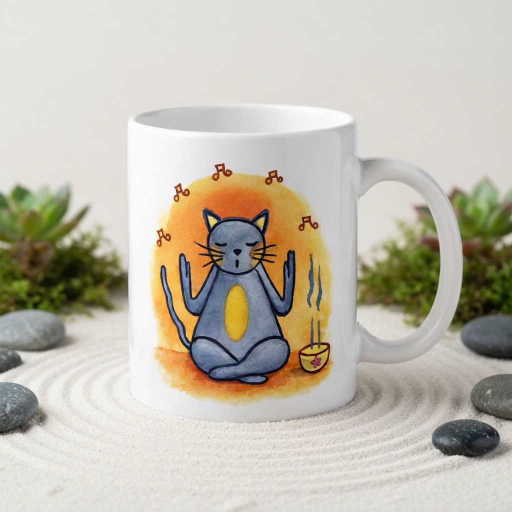 Gray cat chanting peacefully with music playing and incense smoke rising on an orange background in a calm setting coffee mug.  The mug is in a beautifully raked zen garden with bushes and plants behind it.