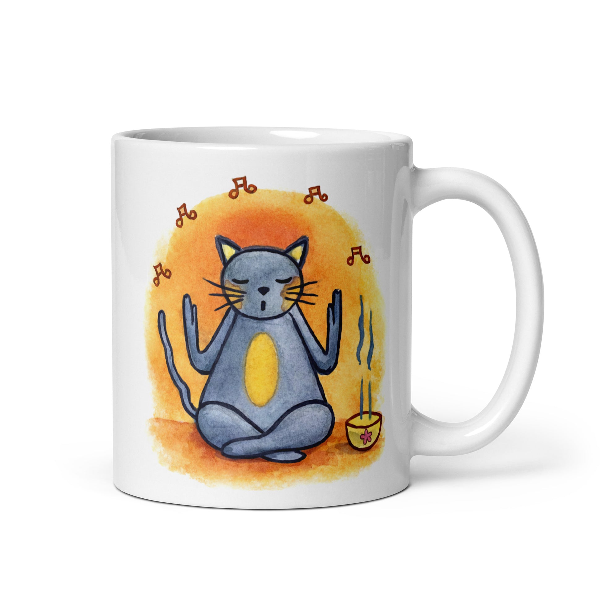 Gray cat chanting peacefully with music playing and incense smoke rising on an orange background in a calm setting coffee mug. This illustration of a cat meditating is on both sides of the mug. In this image the handle of the mug is on the right side.
