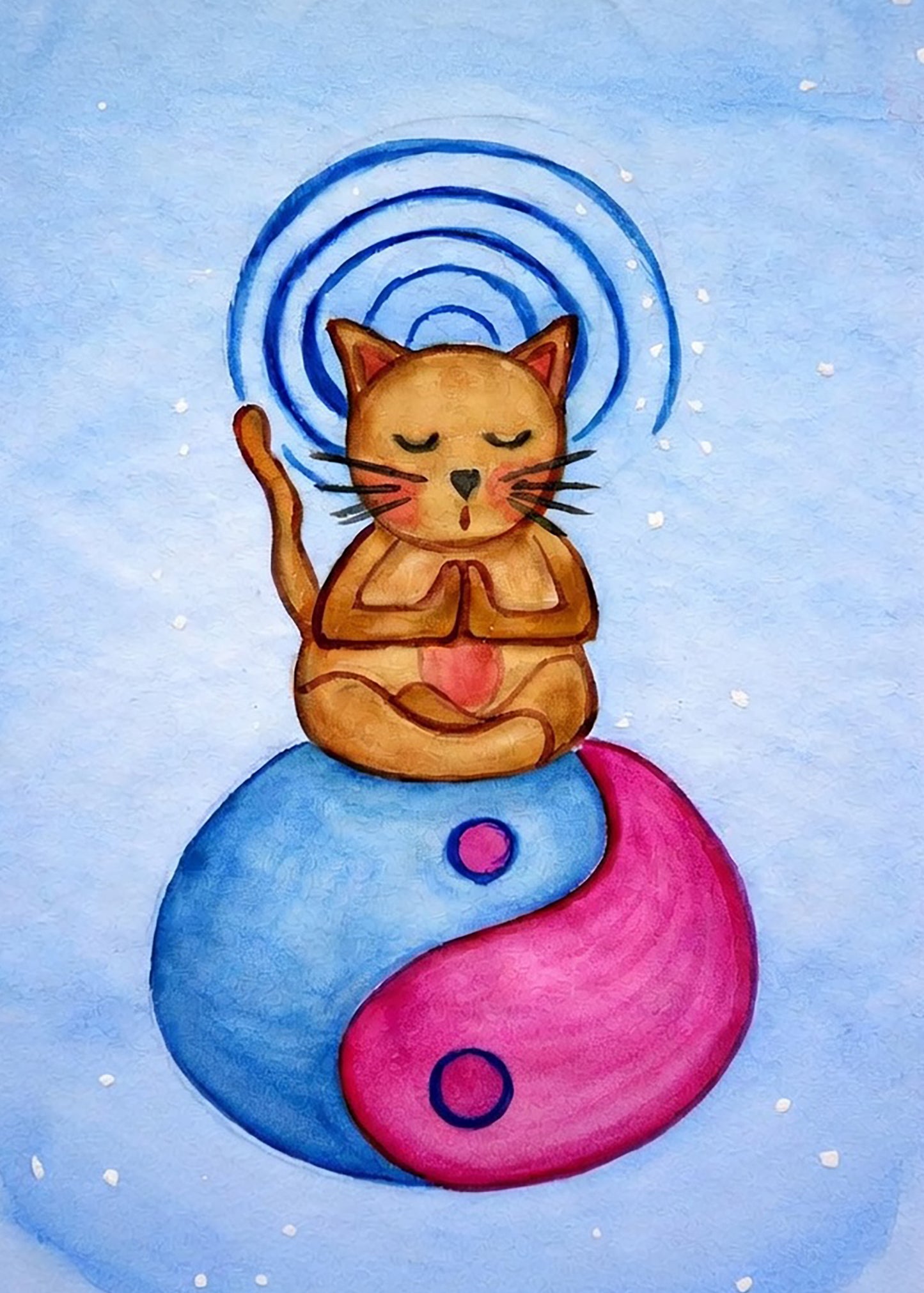 Poster of a brown cat meditating with glowing crown chakra above its head.  This is a print of the original watercolor created by Brazilian artist Thaís Suizo for the LET'S MEDITATE series of meditation guides. 