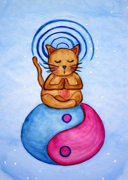 Poster of a brown cat meditating with glowing crown chakra above its head.  This is a print of the original watercolor created by Brazilian artist Thaís Suizo for the LET'S MEDITATE series of meditation guides. 