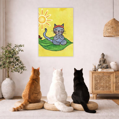 Gray cat meditating on a leaf in sunlight, peaceful nature-inspired mindfulness artwork. Three cats are sitting on a wicker pillow meditating facing the poster. There is a floor plant on in the left corner. On the right side is a cabinet with a Buddha statue on top, burning incense and a few books.
