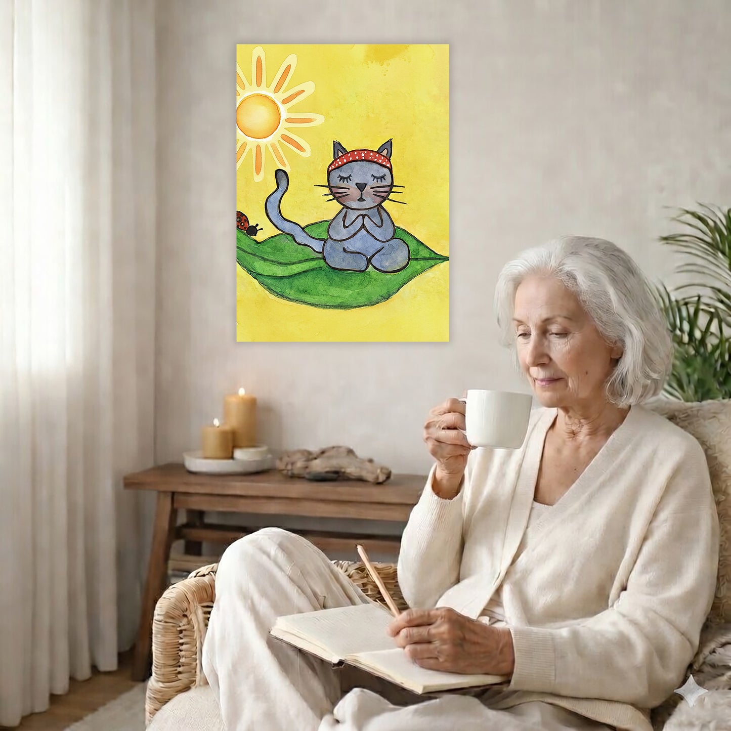 Gray cat meditating on a leaf in sunlight, peaceful nature-inspired mindfulness artwork. The poster is in the center of the living room wall. There is a coffee table below the poster with burning candles. A woman is sitting in a wicker chair on the right side of the poster with a cup of tea writing in her journal.