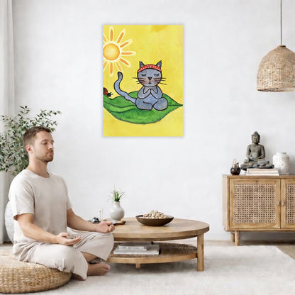Gray cat meditating on a leaf in sunlight, peaceful nature-inspired mindfulness artwork. The poster is in the center of the living room wall. A man is on a chair on the left side of his living room meditating. On the right side is a cabinet with a Buddha statue on it.
