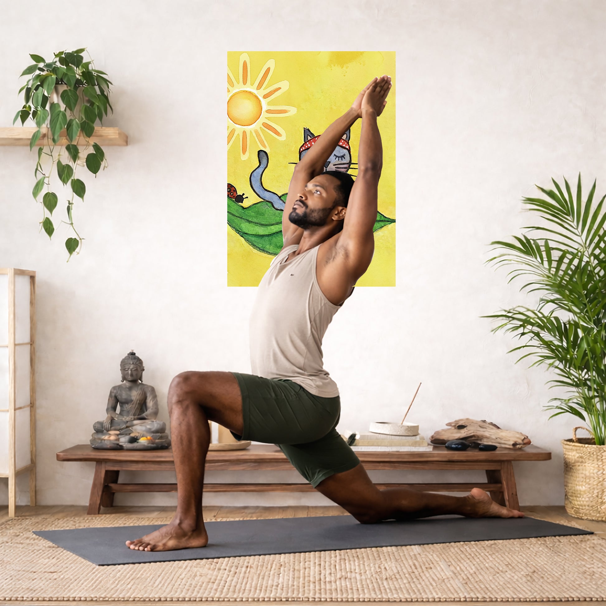 Gray cat meditating on a leaf in sunlight, peaceful nature-inspired mindfulness artwork. The poster is hanging on a living room wall. A man is doing the yoga pose crescent lunge on the knee. There is a coffee table behind him with a Buddha statue, incense and candles. A green potted plant is on each side of the image.
