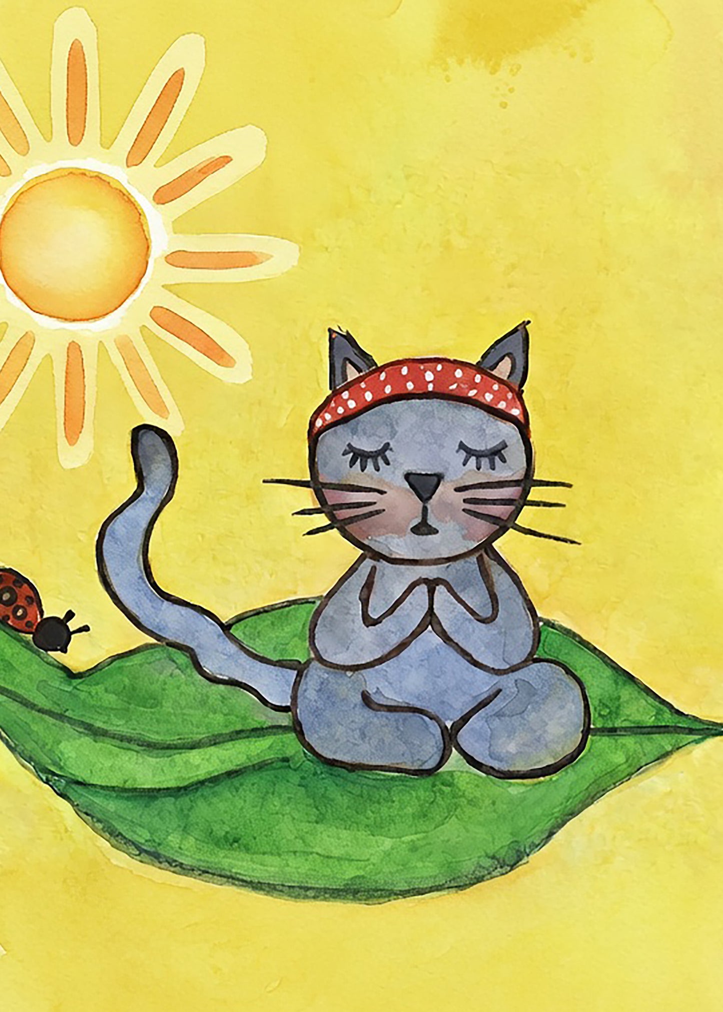 Gray cat meditating on a leaf in sunlight, peaceful nature-inspired mindfulness artwork. This is a print of the original watercolor created by Brazilian artist Thaís Suizo for the LET'S MEDITATE series of meditation guides. 
