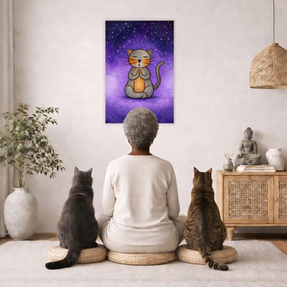 Gray cat meditating under a star-filled night sky, peaceful mindfulness illustration with calm blue tones.  Two cats and woman are sitting on a wicker pillow meditating facing the poster. There is a floor plant on in the left corner. On the right side is a cabinet with a Buddha statue on top, burning incense and a few books.
